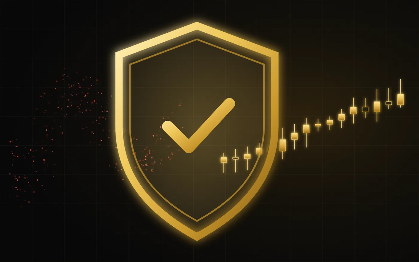 Abstract illustration of a gold shield blocking red noise in front of a candlestick chart